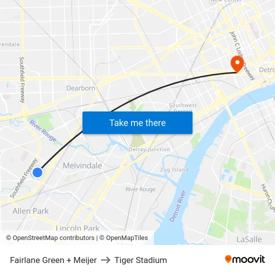 Fairlane Green + Meijer to Tiger Stadium map