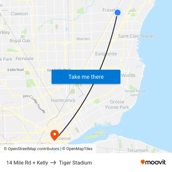 14 Mile Rd + Kelly to Tiger Stadium map