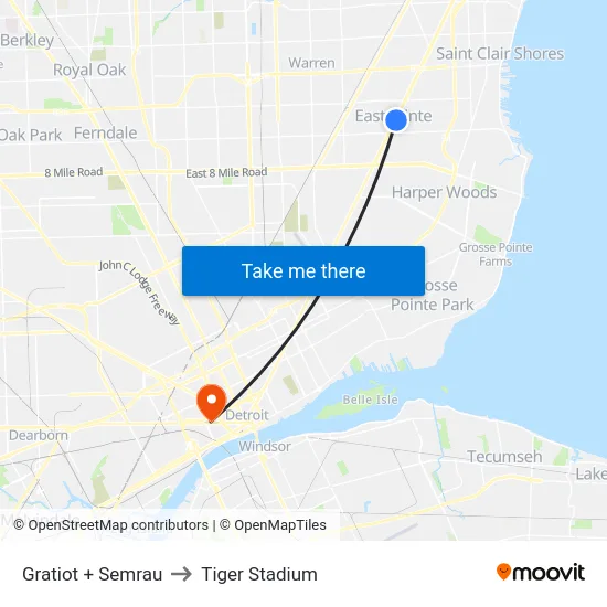 Gratiot + Semrau to Tiger Stadium map