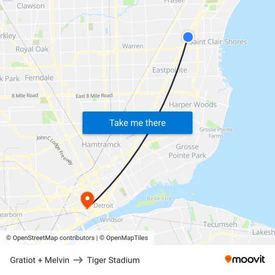 Gratiot & Melvin to Tiger Stadium map