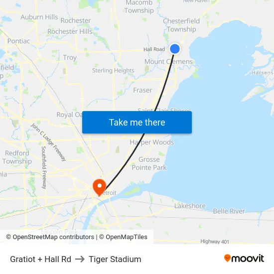 Gratiot & Hall to Tiger Stadium map