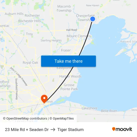 23 Mile Rd + Seaden Dr to Tiger Stadium map