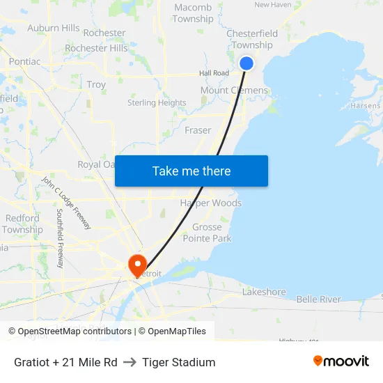 Gratiot + 21 Mile Rd to Tiger Stadium map