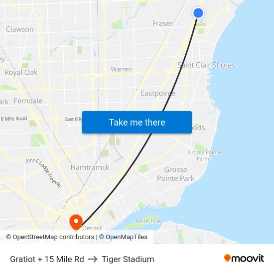 Gratiot + 15 Mile Rd to Tiger Stadium map