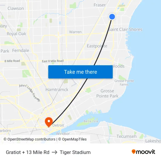 Gratiot + 13 Mile Rd to Tiger Stadium map