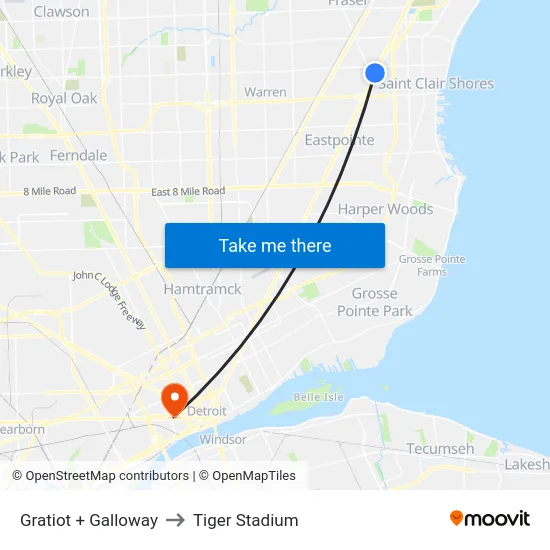 Gratiot + Galloway to Tiger Stadium map