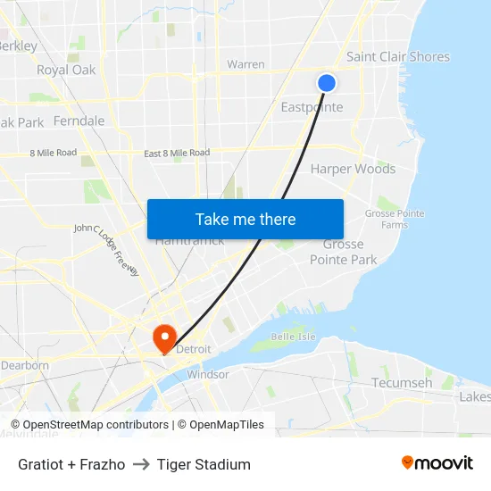 Gratiot + Frazho to Tiger Stadium map