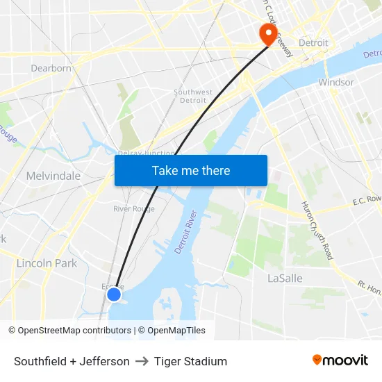 Southfield & Jefferson to Tiger Stadium map