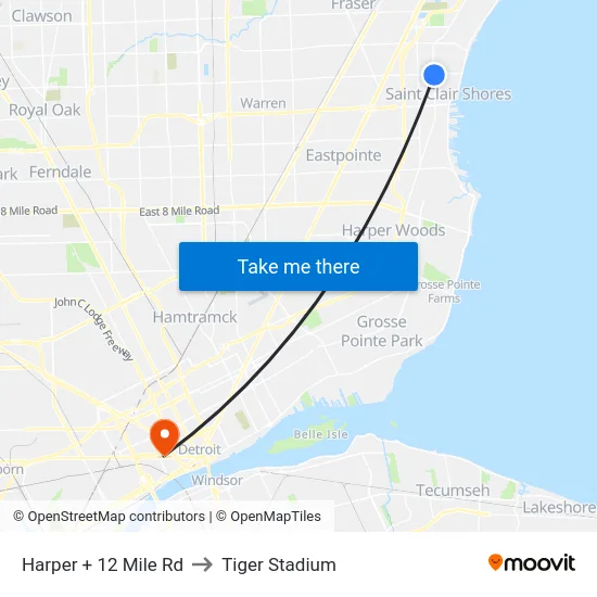 Harper + 12 Mile Rd to Tiger Stadium map