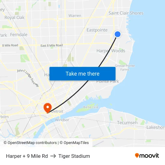 Harper + 9 Mile Rd to Tiger Stadium map