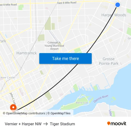 Vernier + Harper NW to Tiger Stadium map