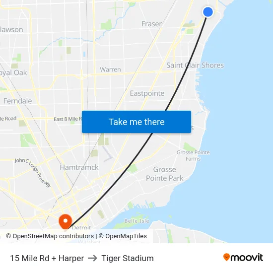 15 Mile Rd + Harper to Tiger Stadium map