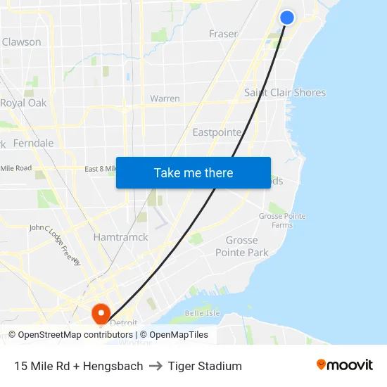 15 Mile Rd + Hengsbach to Tiger Stadium map