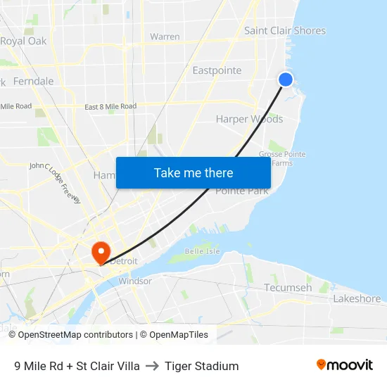 9 Mile Rd + St Clair Villa to Tiger Stadium map