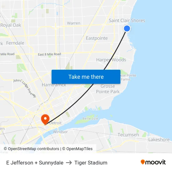 E Jefferson & Sunnydale to Tiger Stadium map