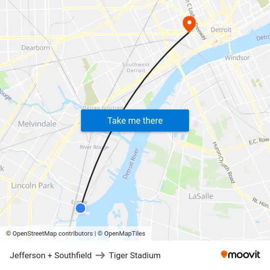 Jefferson + Southfield to Tiger Stadium map
