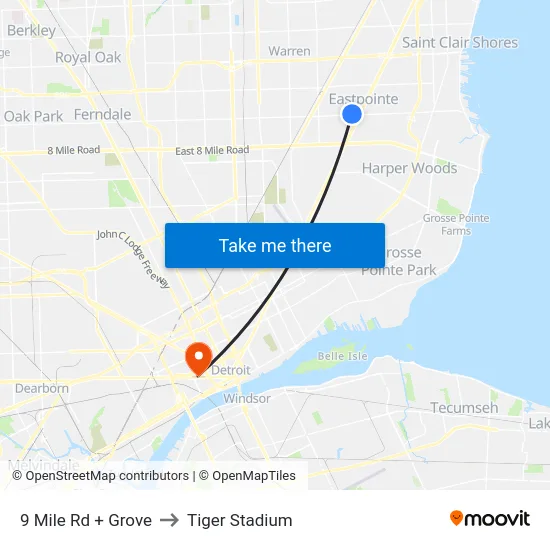 9 Mile Rd + Grove to Tiger Stadium map