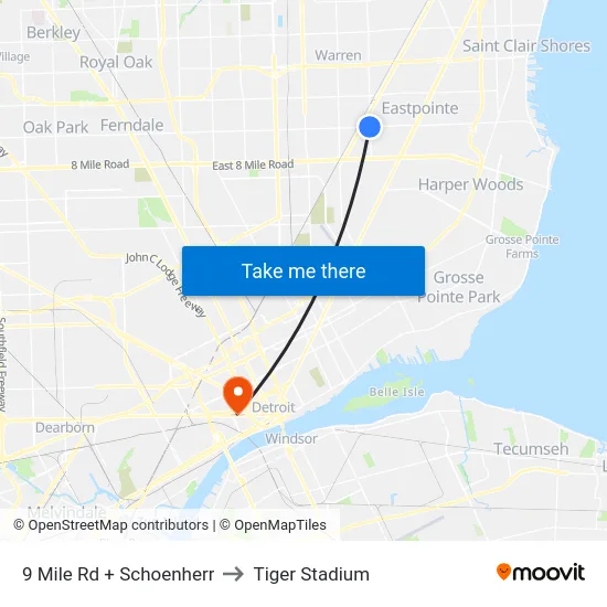 9 Mile & Schoenherr to Tiger Stadium map