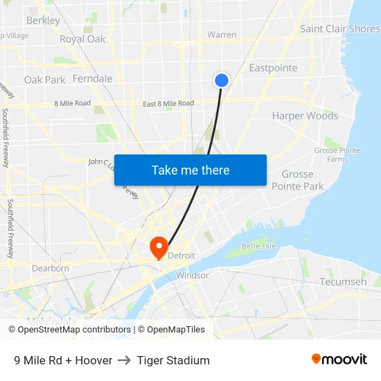 9 Mile & Hoover to Tiger Stadium map