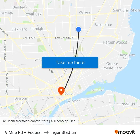 9 Mile Rd + Federal to Tiger Stadium map