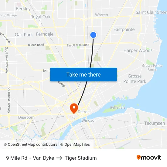 9 Mile Rd + Van Dyke to Tiger Stadium map