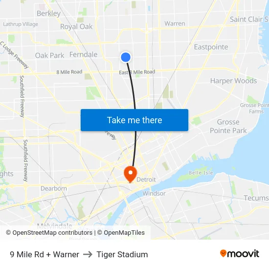 9 Mile Rd + Warner to Tiger Stadium map