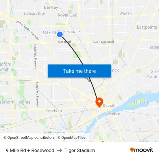 9 Mile Rd + Rosewood to Tiger Stadium map