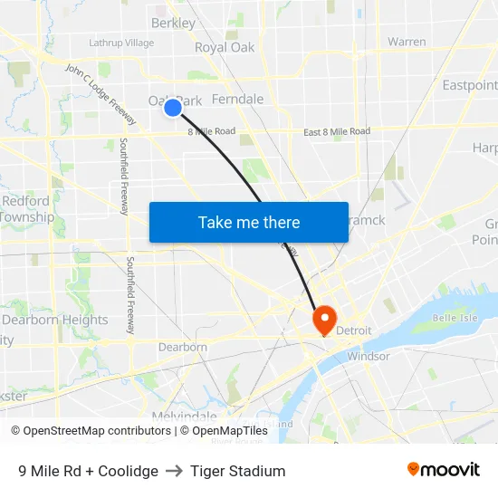 9 Mile & Coolidge to Tiger Stadium map