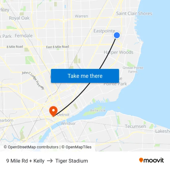 9 Mile Rd + Kelly to Tiger Stadium map