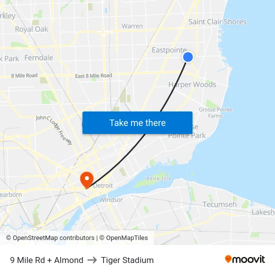 9 Mile & Almond to Tiger Stadium map