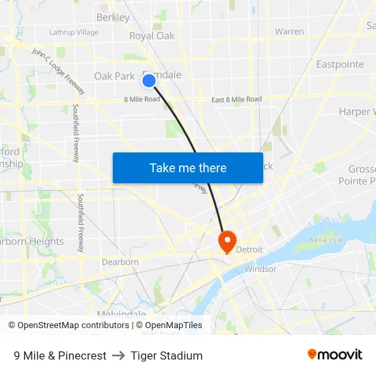9 Mile & Pinecrest to Tiger Stadium map
