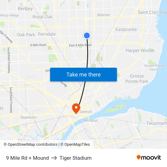 9 Mile Rd + Mound to Tiger Stadium map