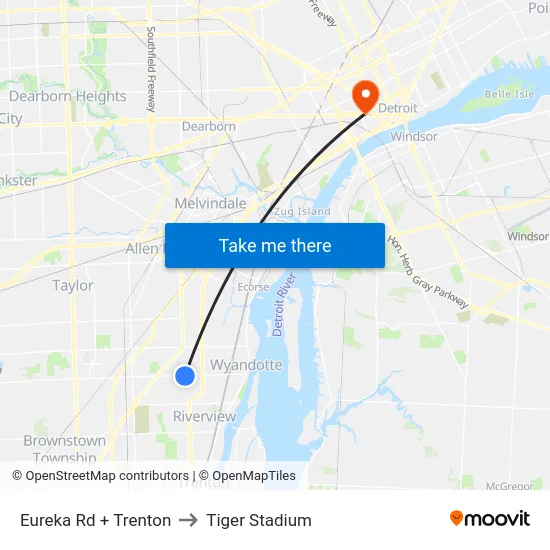 Eureka Rd + Trenton to Tiger Stadium map