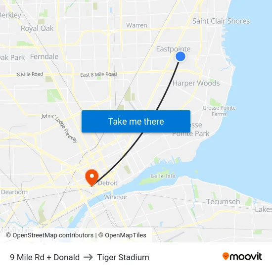 9 Mile Rd + Donald to Tiger Stadium map