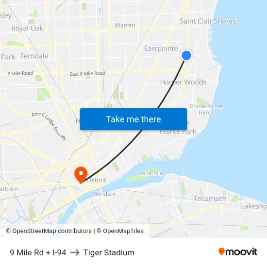 9 Mile Rd + I-94 to Tiger Stadium map