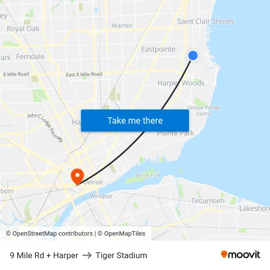 9 Mile Rd + Harper to Tiger Stadium map