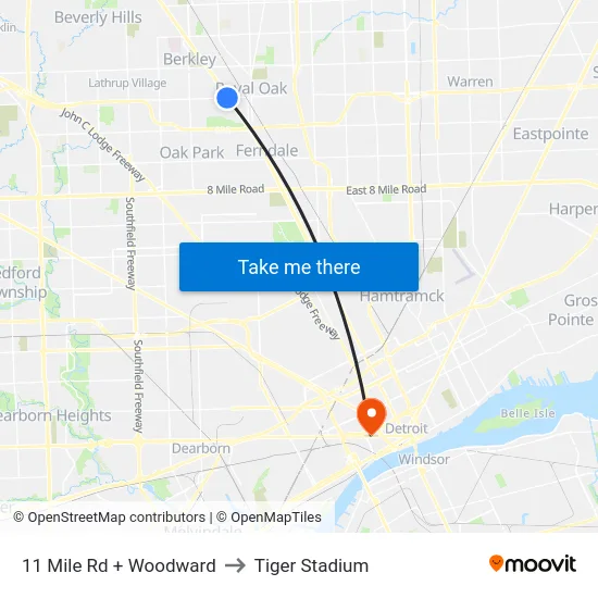 11 Mile & Woodward to Tiger Stadium map