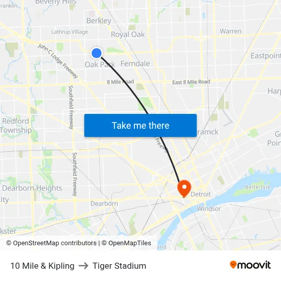 10 Mile & Kipling to Tiger Stadium map