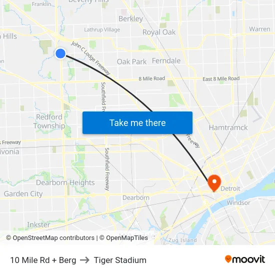 10 Mile Rd + Berg to Tiger Stadium map