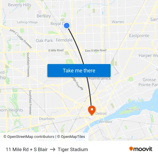 11 Mile Rd + S Blair to Tiger Stadium map