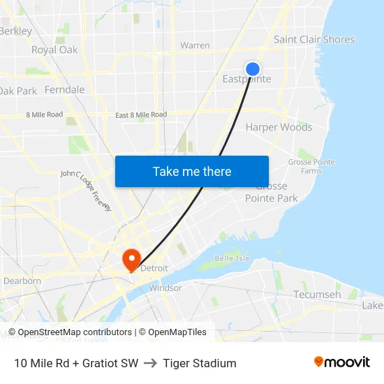 10 Mile Rd + Gratiot SW to Tiger Stadium map