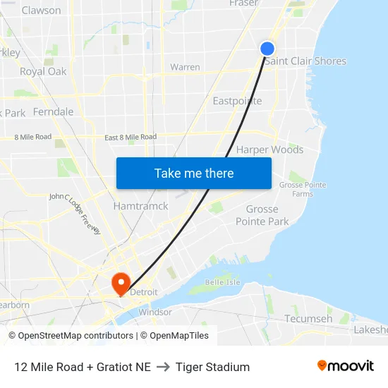 12 Mile Road + Gratiot NE to Tiger Stadium map