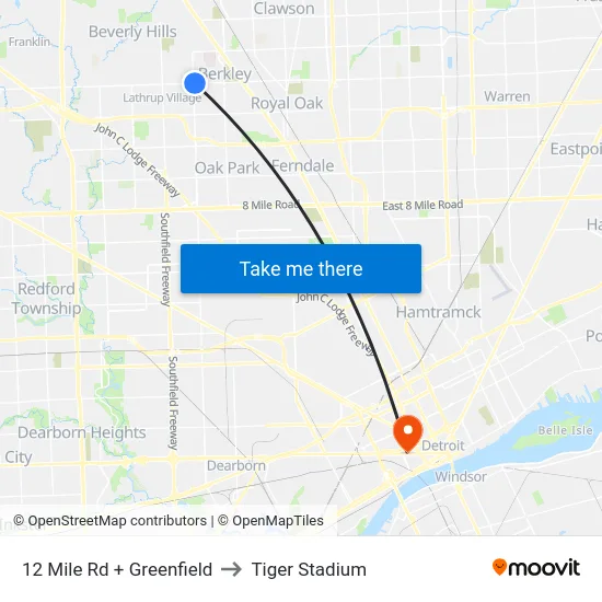 12 Mile Rd + Greenfield to Tiger Stadium map
