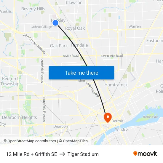 12 Mile Rd + Griffith SE to Tiger Stadium map