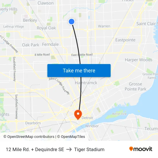 12 Mile Rd. + Dequindre SE to Tiger Stadium map