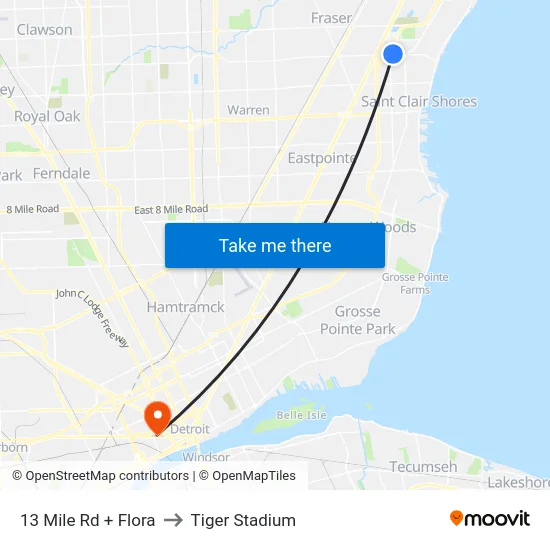 13 Mile & Flora to Tiger Stadium map