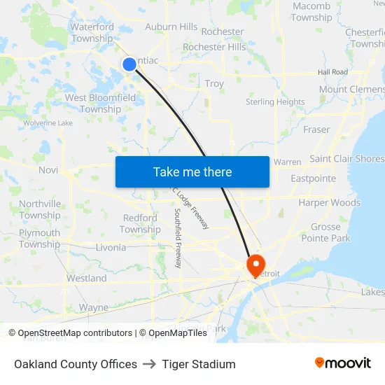 Oakland County Offices to Tiger Stadium map