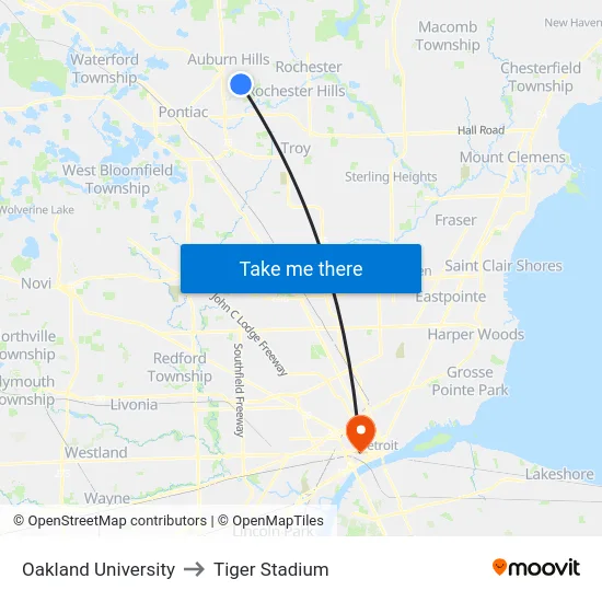 Oakland University to Tiger Stadium map