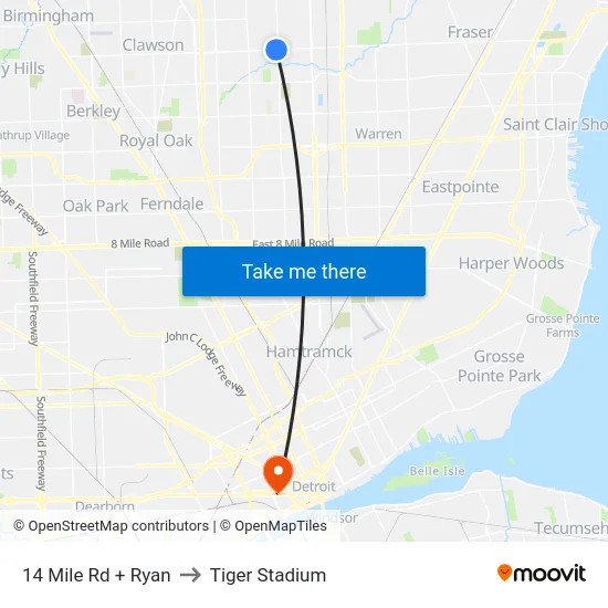 14 Mile & Ryan to Tiger Stadium map