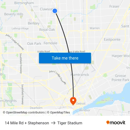 14 Mile Rd + Stephenson to Tiger Stadium map